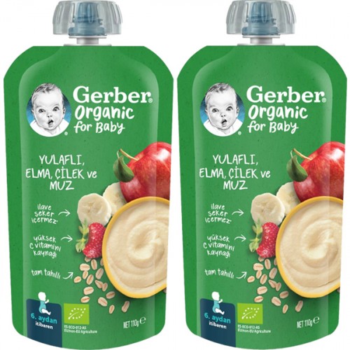 Gerber Organic Yulaflı Elma, Çilek ve Muz Püresi 110g​ x 2 Adet